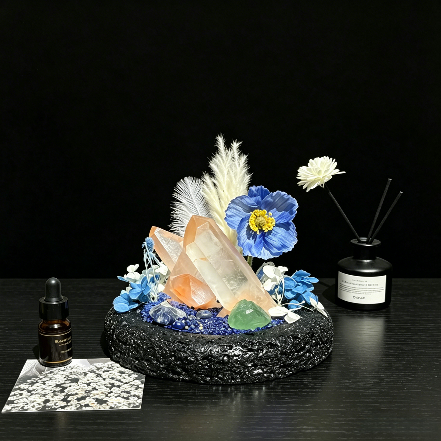 Clear Quartz, Peach Rose Quartz, Green Fluorite & Blue Crystal Planter