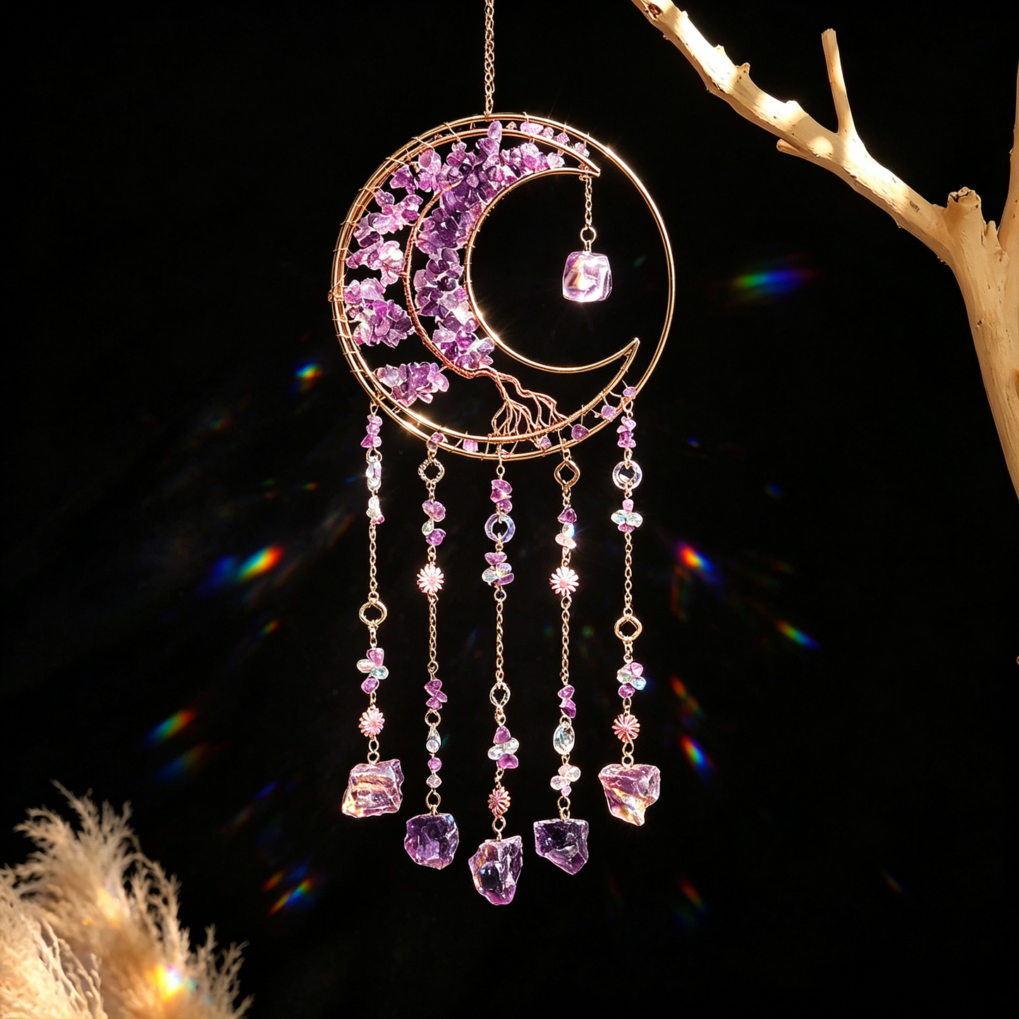 Amethyst Moon Suncatcher – Tree of Life Crystal Hanging Decor