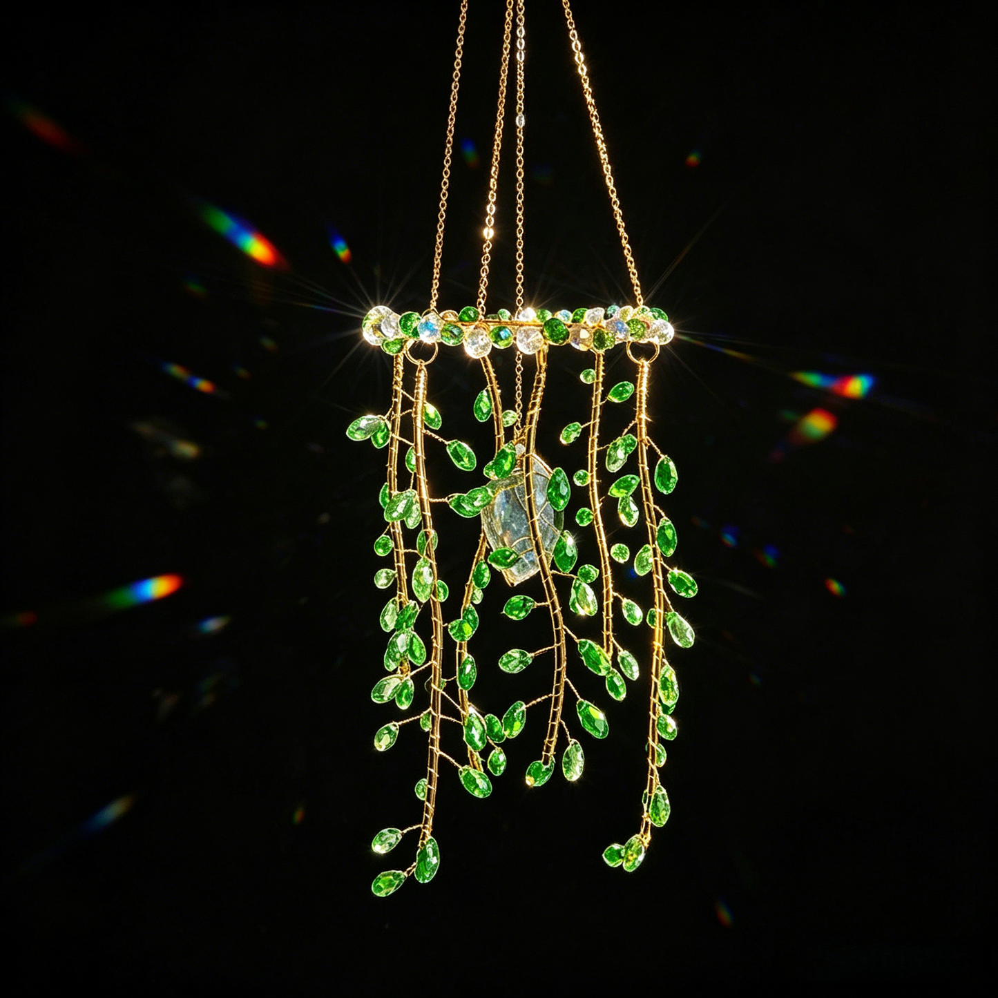 Green Crystal Willow Suncatcher – Cascading Vine Hanging Decor